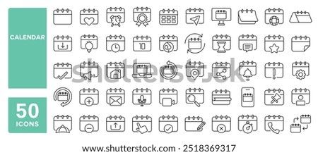 Set of 50 line icons related to calendar, appointment, schedule, event, organizer, timetable, time, meeting, date, day, week, month, year, Editable stroke. Vector illustration