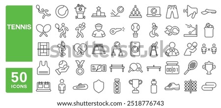 Set of 50 line icons related to tennis, racket, court, ball, playing, player, swing, trophy, competition, athletic, board, forehand, padel, Editable stroke. Vector illustration