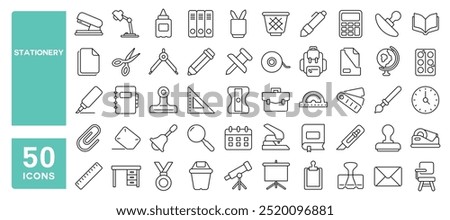 Set of 50 line icons related to stationery, stapler, calendar, pen, pencil, stamp, eraser, glue, cutter, ruler, marker, paper, Editable stroke. Vector illustration