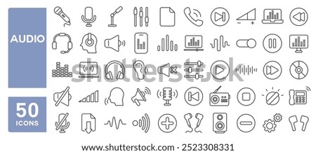 Set of 50 line icons related to audio, volume, sound, equalizer, speaker, headphone, mic, megaphone, frequency, voice, record, microphone, Editable stroke. Vector illustration