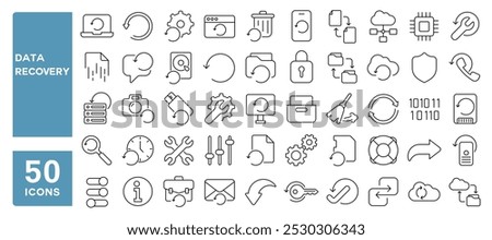 Set of 50 line icons related to data recovery, restore, backup, fix, renew, return, refresh, recover, Editable stroke. Vector illustration