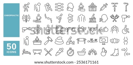 Set of 50 line icons related to chiropractic, spine, joint, restoration, scoliosis, kyphosis, baseline, posture, Editable stroke. Vector illustration