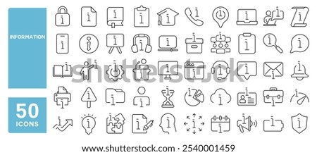 Set of 50 line icons related to information, notice, help, inform, support, about, alert, details, Editable stroke. Vector illustration