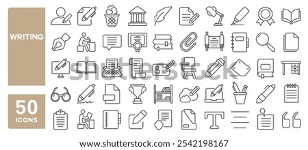 Set of 50 line icons related to writing, write, writer, book, pen, pencil, paper, document, search, crayon, author, Editable stroke. Vector illustration