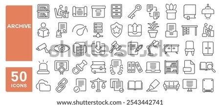 Set of 50 line icons related to archive, document, folder, doc, clipboard, search, storage, catalog, Editable stroke. Vector illustration