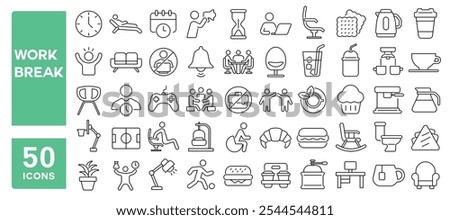 Set of 50 line icons related to work break, time, relax, snack, coffee, refresh, office, gaming, tea, calm, Editable stroke. Vector illustration