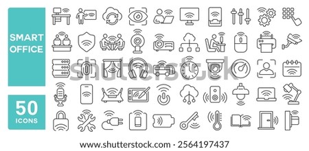 Set of 50 line icons related to smart office, devices, technology, electronics, work, wireless, employees, network, workspace, Editable stroke. Vector illustration