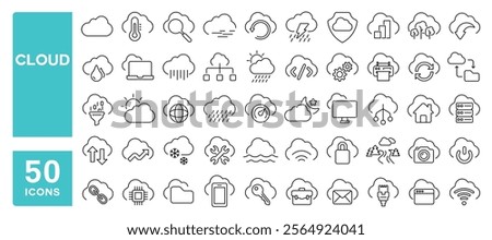 Set of 50 line icons related to cloud, weather, data, exchange, center, server, device, web, climate, Editable stroke. Vector illustration