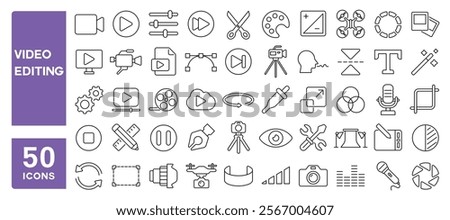 Set of 50 line icons related to video editing, motion, design, videography, production, creation, edit, record, slides, view, Editable stroke. Vector illustration