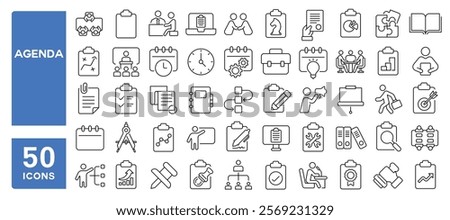 Set of 50 line icons related to agenda, schedule, meeting, business, statistics, plan, task, calendar, clipboard, Editable stroke. Vector illustration