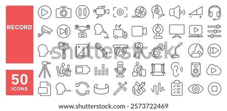 Set of 50 line icons related to record, audio, video, microphone, play, pause, checklist, photo, digital, voice, hear, watch, Editable stroke. Vector illustration