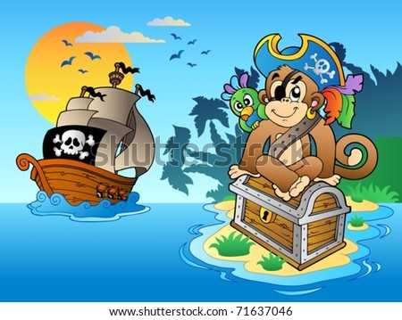 Pirate monkey and chest on island - vector illustration.