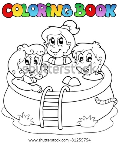 Coloring book with kids in pool - vector illustration.