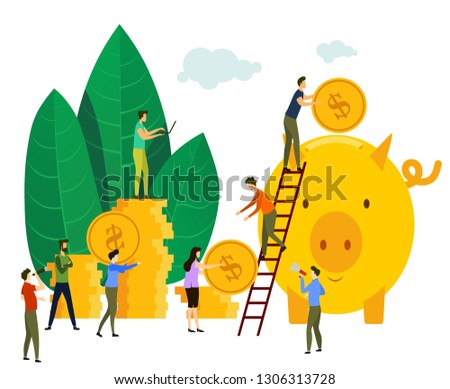Vector illustration, a large piggy bank in the form of a piglet on a white background, financial services, small bankers are engaged in work, saving or accumulating money, a coin box with falling.