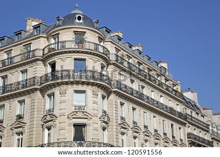 Facade of a traditional apartment building in Paris, France