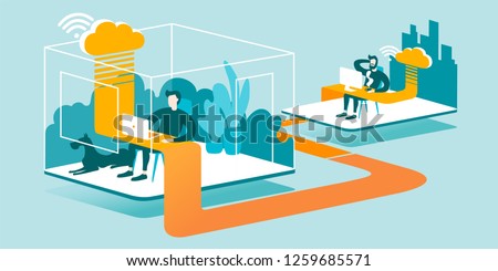 3D Technical Illustration explaining how cloud computing enhancing our ability to work anywhere. Isometric layout explaining the principle of remote work in the office through the cloud.