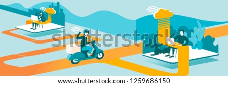 Isometric layout explaining the principle of Failsafe Scalable Cloud-Based Delivery Service Management. Distributed Remote Data Storage