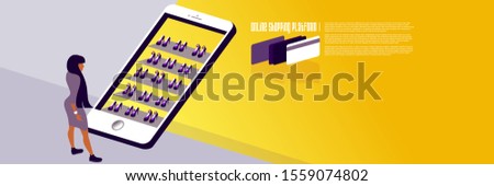 Online shopping. Layout for the landing page of an internet shoe store or layout of an advertising banner. Isometric vector illustration.