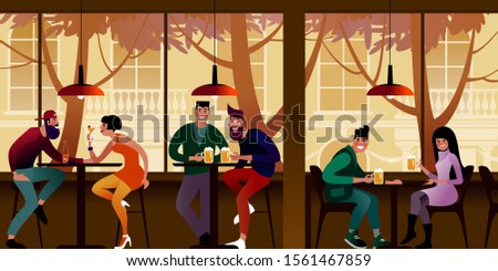 The youth drink beer in a city cafe. Flat vector illustration.