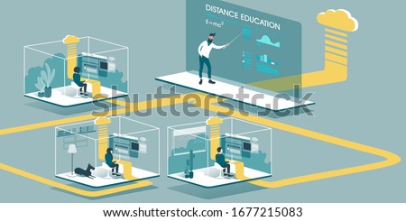 Technical Illustration explaining how cloud computing enhancing our ability to learn and work anywhere. Isometric layout explaining the principle of distance education at home through the cloud.