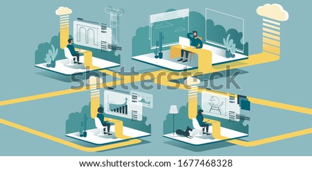 Technical vector Illustration explaining how cloud computing enhancing our ability to learn and work anywhere. Isometric layout explaining the principle of teleworking at home through the cloud.