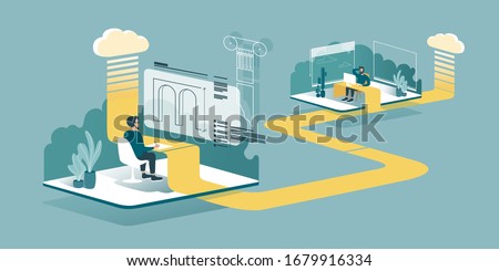 A technical vector illustration explaining how cloud computing enhances our ability to learn and work anywhere. Isometric drawing explaining how an architect works from home through the cloud