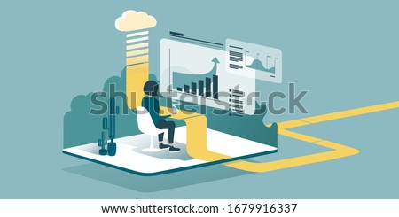 A technical vector illustration explaining how cloud computing enhances our ability to learn and work anywhere. Isometric drawing explaining how a accountant works from home through the cloud.