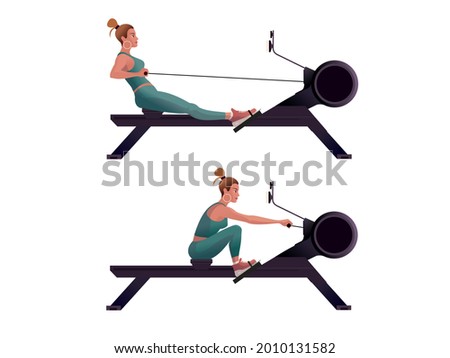 Girls train on a rowing machines. Isolated Vector illustration for landing page mockup flat design or advertising banner.