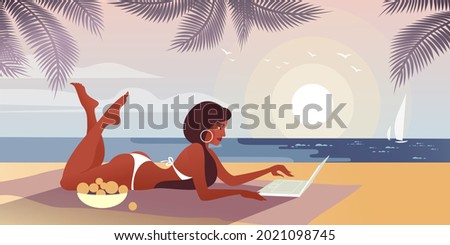 Girl with laptop and bowl of fruit sunbathes and programming on the sea beach. Vector illustration for landing page mockup or flat design advertising banner.