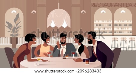 Meeting friends or colleagues at a restaurant. Vector illustration for landing page mockup or flat design advertising banner.