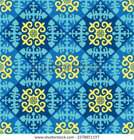 Kazakh ethnic ornament. Vector yellow ornaments pattern on a blue background. Seamless pattern.