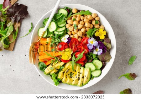 Similar – Image, Stock Photo Tasty vegetarian salad with vegetables, mozzarella and olive oil. Cucumber, beets, green peas, carrots, red onions. Organic delicious and healthy food. Italian cuisine. Vertical shot. Copy space