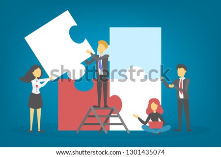 Busines people hold puzzle piece. Teamwork and partnership concept. Jigsaw as a symbol of connection and success. Two men work together