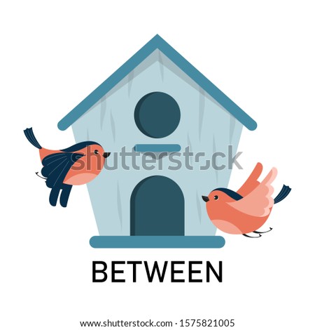 Bird and birdhouse, learning preposition vector isolated. 