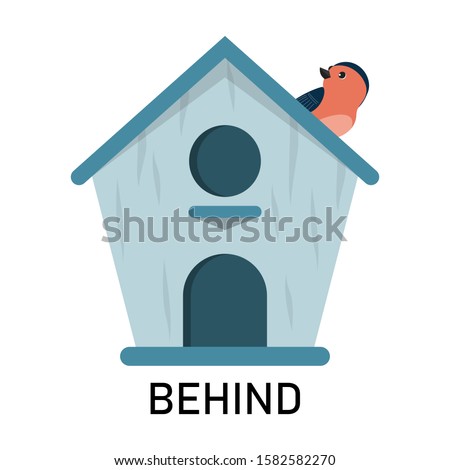 Bird and birdhouse, learning preposition vector isolated. Preschool education, study position of the object. Bird is hiding behind the birdhouse.