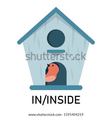 Bird and birdhouse, learning preposition vector isolated. Preschool education, study position of the object. Bird is hiding in the birdhouse.