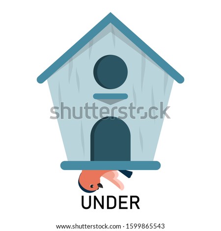 Bird and birdhouse, learning preposition vector isolated. Preschool education, study position of the object. Bird is hiding under the birdhouse.