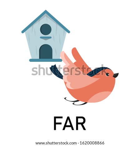 Bird and birdhouse, learning preposition vector isolated. Preschool education, study position of the object. Bird is flying far from the birdhouse.