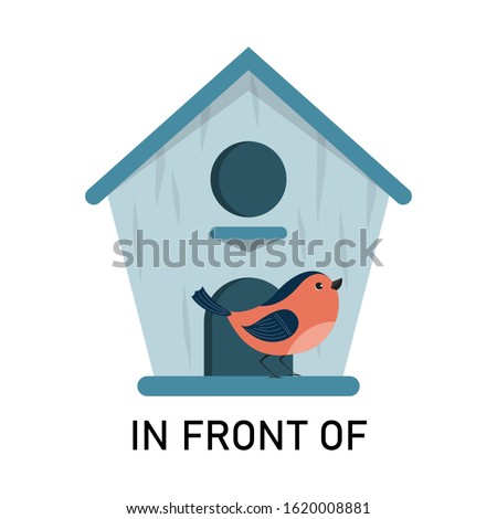 Bird and birdhouse, learning preposition vector isolated. Preschool education, study position of the object. Bird is sitting in front of the birdhouse.