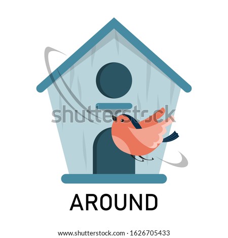 Bird and birdhouse, learning preposition vector isolated. Preschool education, study position of the object. Bird is flying around the birdhouse.