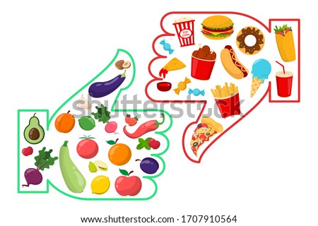 Healthy vs junk food vector isolated. Unhealthy lifestyle with french fries, hamburger and sugar food. Healthy nutrition includes vegetables and fruits.