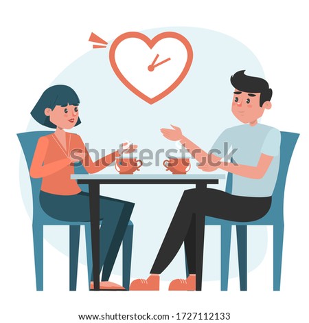 Man and woman on a speed dating vector isolated. Romantic couple at the table. Short date, people checking compatible.