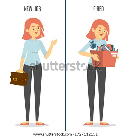 New job vs fired concept. Happy woman on new work and sad dismissed lady with box. Idea of unemployment and crisis. Employee under stress.