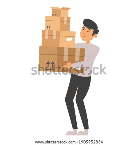 Man holding a pile of boxes vector isolated. Person working as a courier, delivery service. Brown package, idea of transportation. Heavy weight
