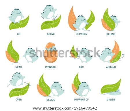 Cute dinosaur and leaves, learning preposition vector isolated. Preschool education, study position of the object. Front side and behind. Dino jumping above and around the plant. Animal in egg.