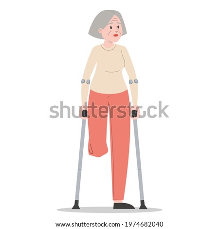 Senior woman on crutches vector isolated. Injured senior lady, amputated leg. Concept of people with disability. Handicapped grandmother. Injured person. Imagine de stoc © 