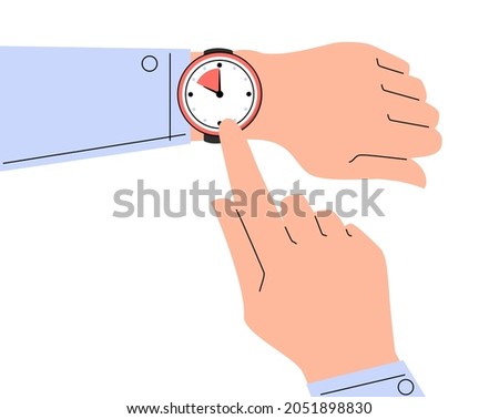 Finger pointing at watch on the hand vector isolated. Time is ticking, concept of deadline and time management. Checking time.