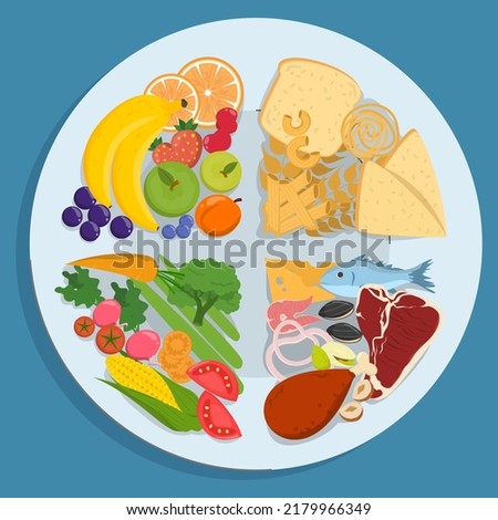 Healthy plate vector isolated. Inforgaphic of a proper diet, healthy nutrition. Balanced, full of protein, fruits and vegetables diet. Educational information