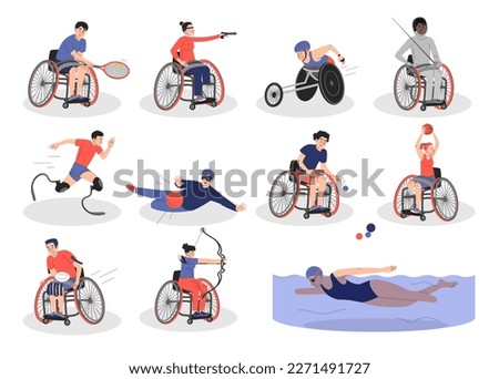 Sport games set vector isolated. Collection of characters participating in different activities. Man in wheelchair plays tennis, runner with prosthesis, swimming woman.