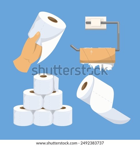 Toilet paper set. Vector illustration of soft white rolls. Hand holding towel. Toilet paper roll on metal holder.